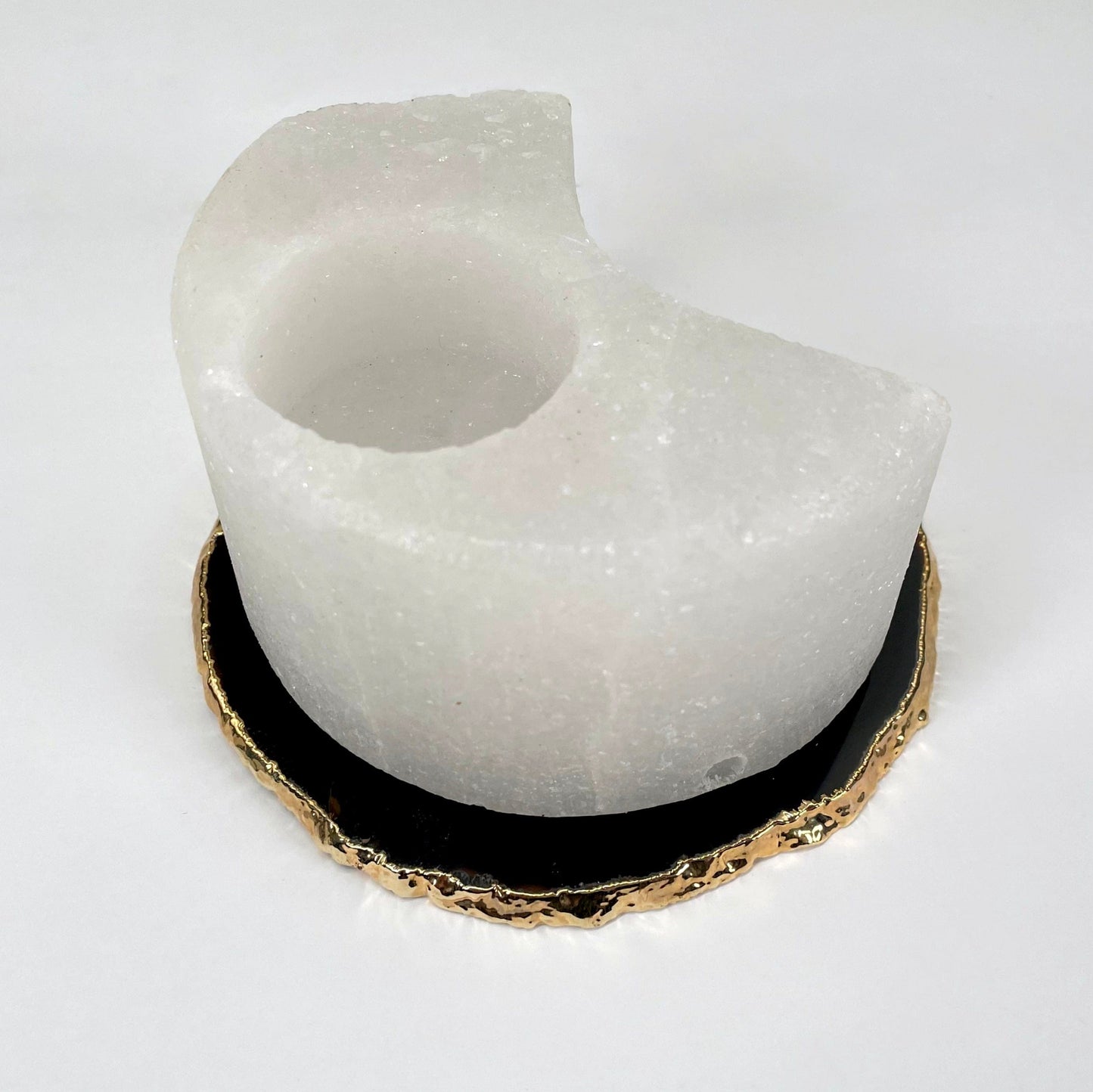 close up of one himalayan salt white moon candle holder for details