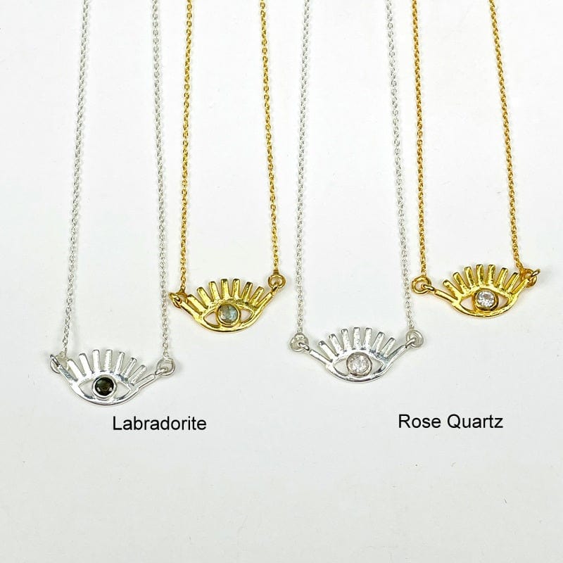 evil eye necklace in silver and gold available in labradorite and rose quartz 