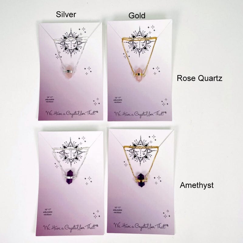double terminated point necklaces electroplated in gold or silver available in rose quartz and amethyst 