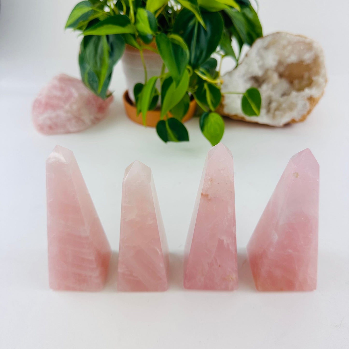 Rose Quartz Polished Obelisk Tower  Bulk Lot of 4 in a row on display