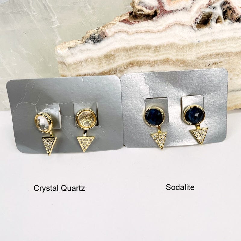 close up of the earrings in crystal quartz and sodalite 