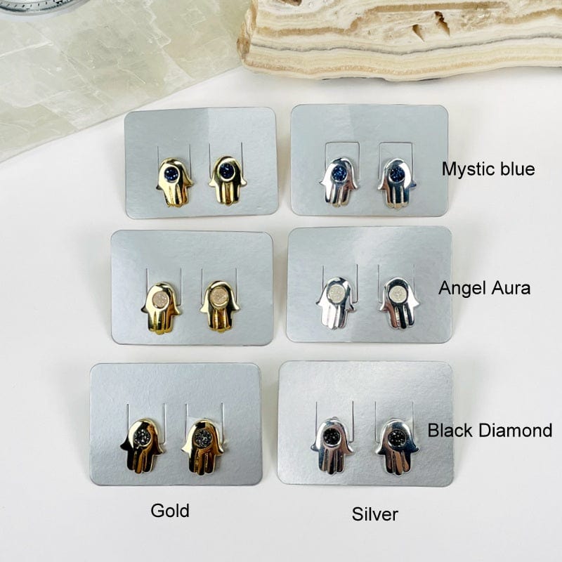 earrings available in electroplated gold or silver. druzy stone available in mystic blue, angel aura and black diamond  
