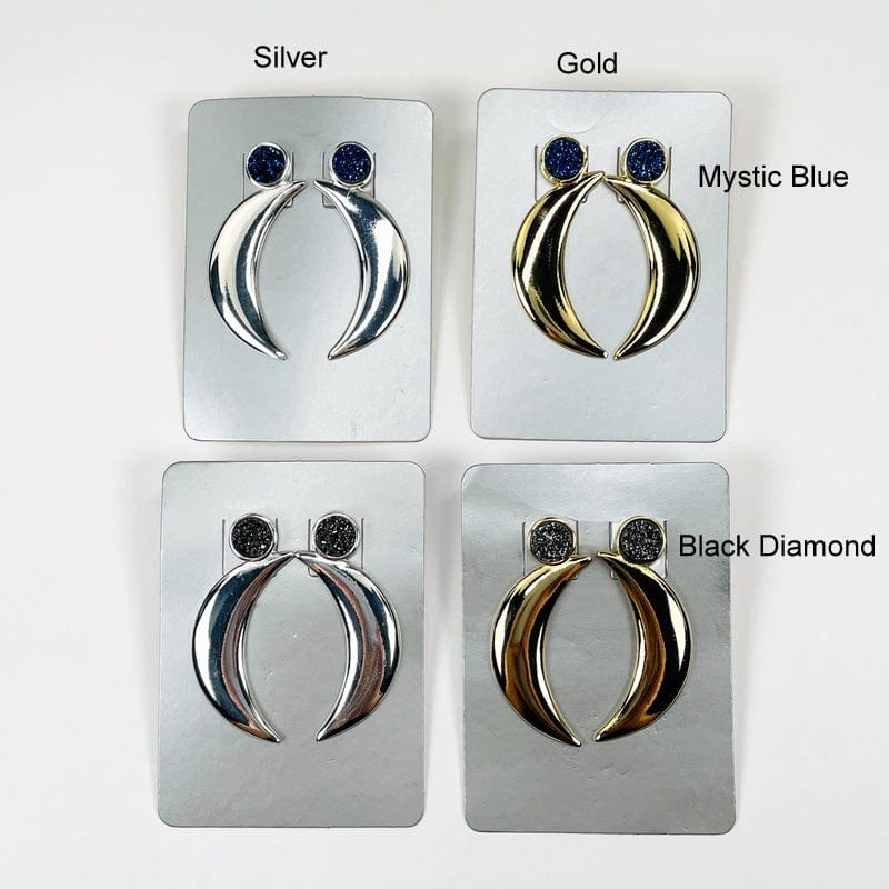 Moon Crescent Earrings with Druzy Accent shown in mystic blue druzy and black diamond druzy