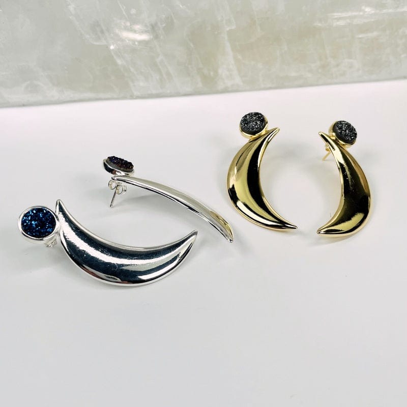 Moon Crescent Earrings with Druzy Accent showing at an angle to show thickness