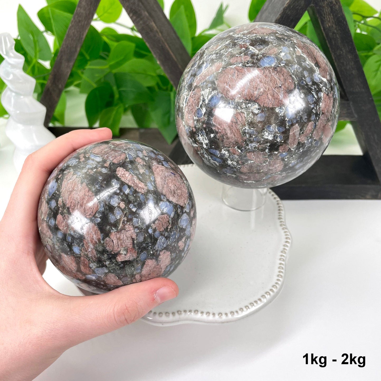 two 1kg - 2kg rhyolite polished spheres on display in front of backdrop for possible variations with one in hand for size reference