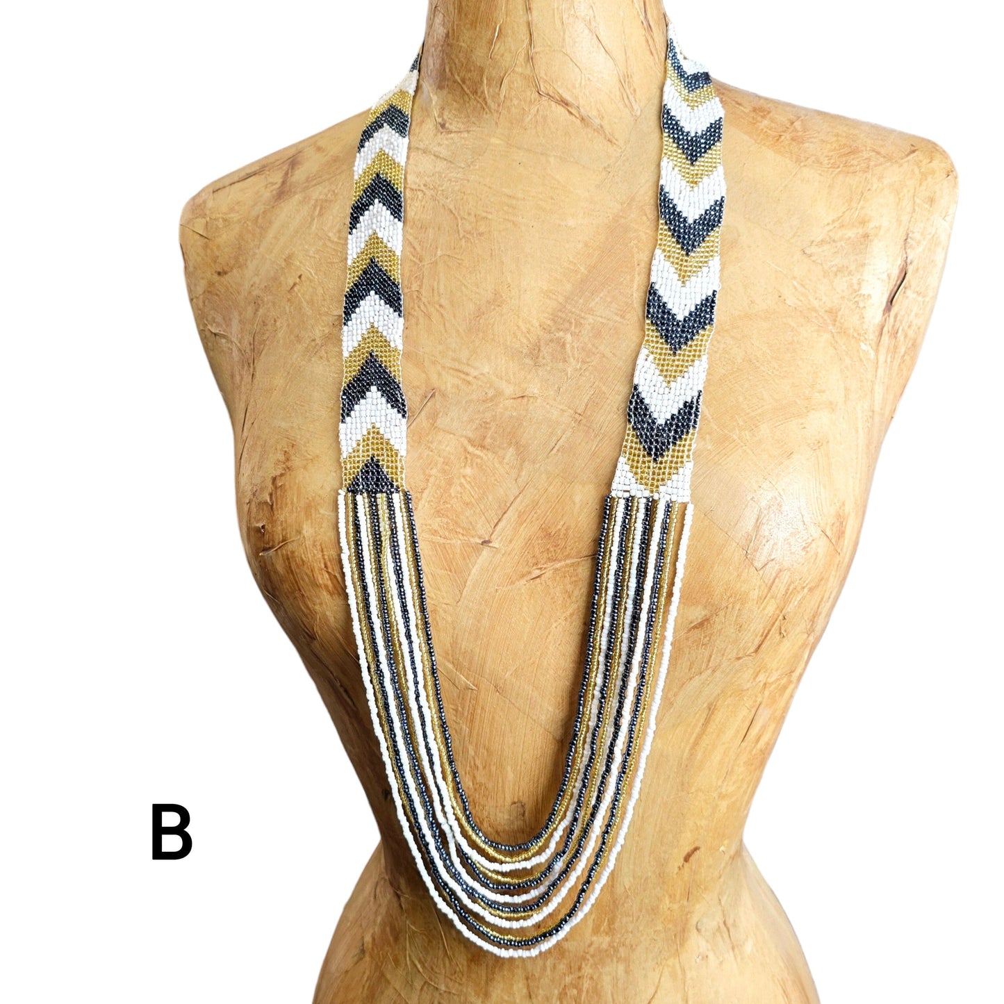 Seed Bead Necklace - Layered Multi Strand with Woven Chevron Pattern - You Choose Style variant B labeled on dressform