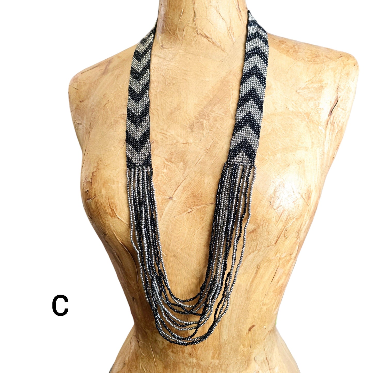 Seed Bead Necklace - Layered Multi Strand with Woven Chevron Pattern - You Choose Style variant C labeled on  dress form