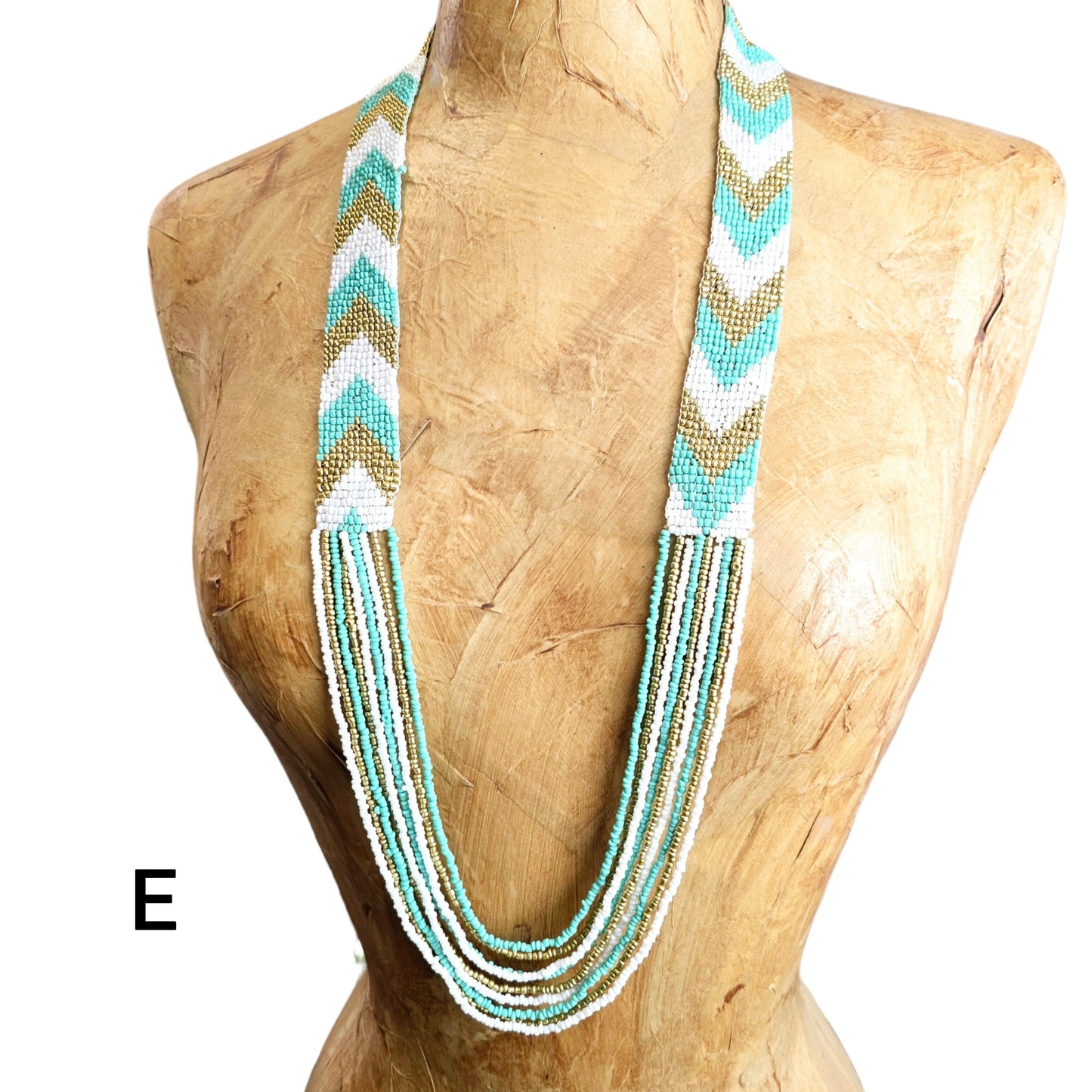 Seed Bead Necklace - Layered Multi Strand with Woven Chevron Pattern - You Choose Style variant E labeled on dress form
