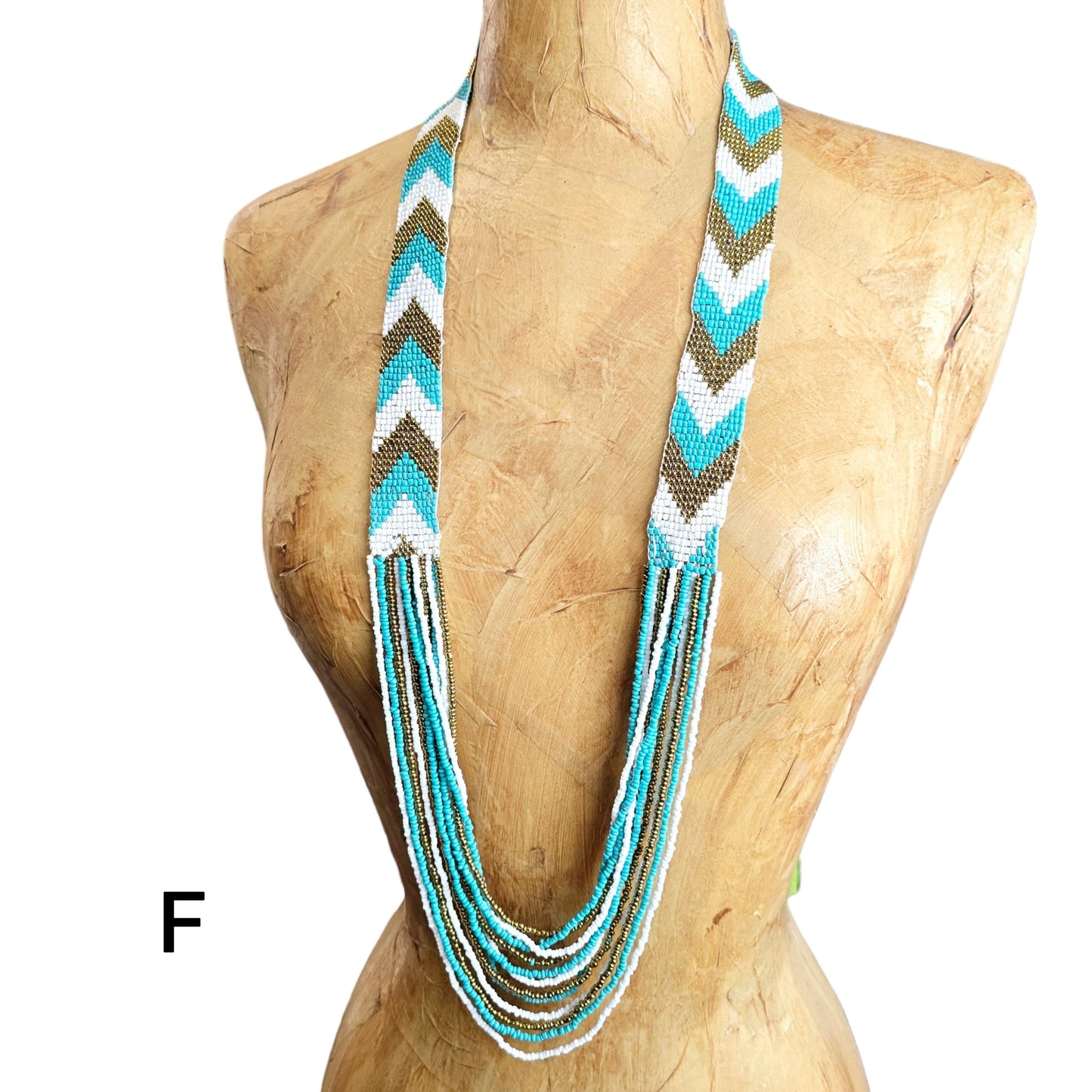 Seed Bead Necklace - Layered Multi Strand with Woven Chevron Pattern - You Choose Style variant F labeled on dress form