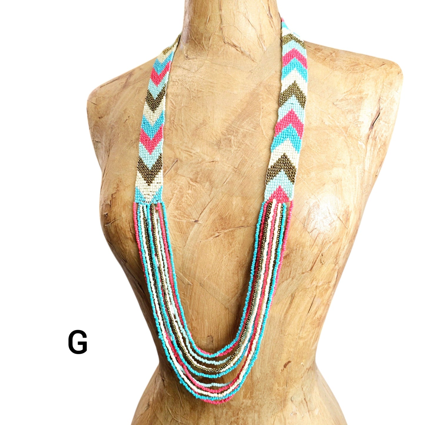 Seed Bead Necklace - Layered Multi Strand with Woven Chevron Pattern - You Choose Style variant G labeled on dress form