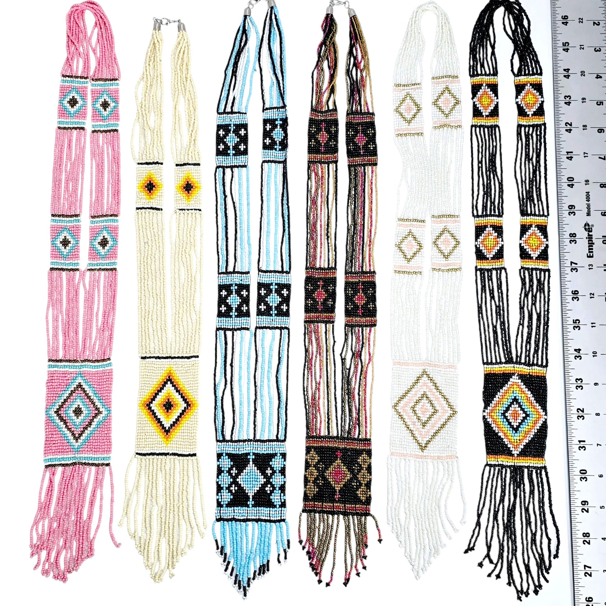 Seed Bead Necklace - Multi Strand with Woven Diamond Shapes on Rectangular Panels - You Choose Style all variants with ruler for size reference
