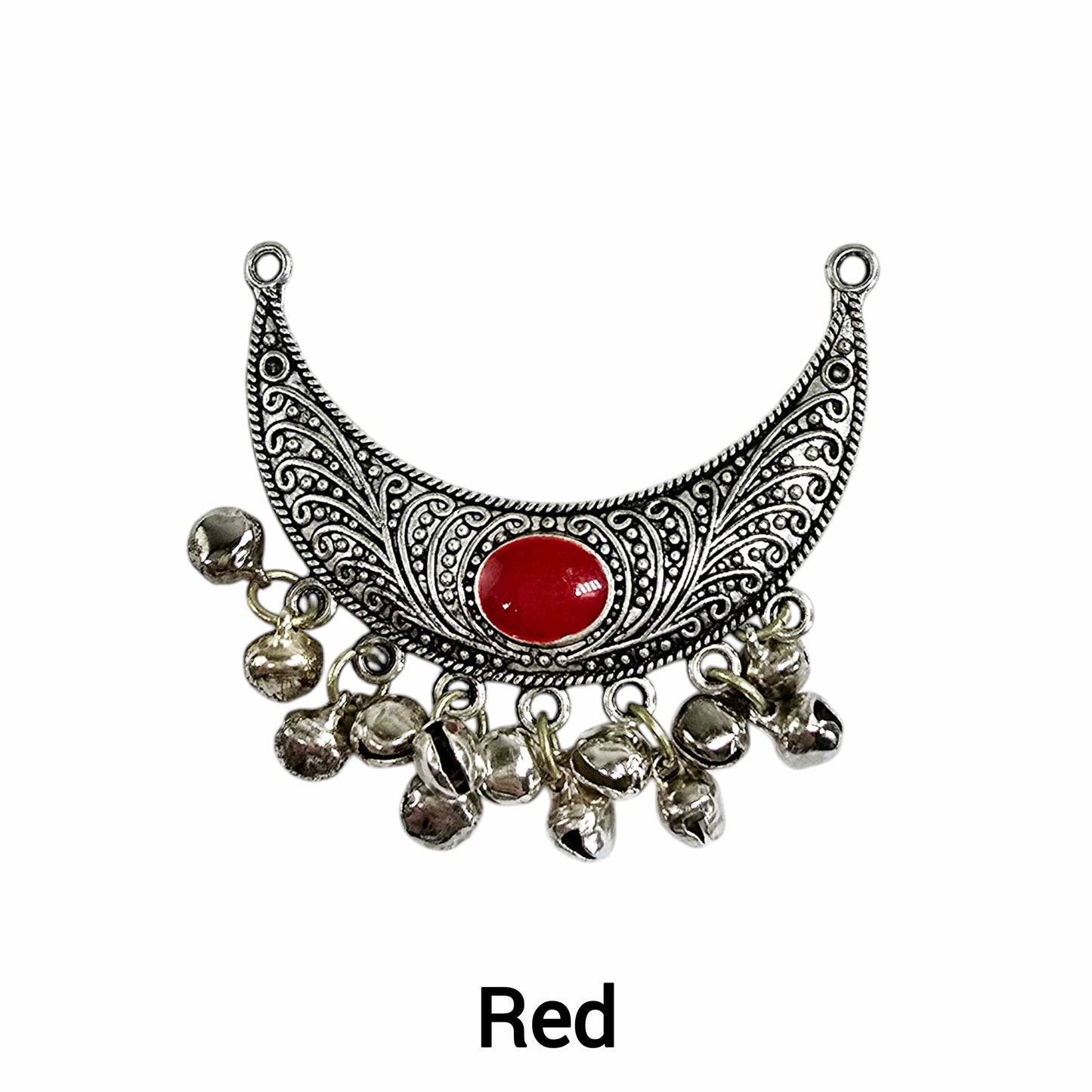 Crescent Silver Toned Double Bail Pendant with Enamel Accent and Jingle Bells - You Choose Color red variant labeled