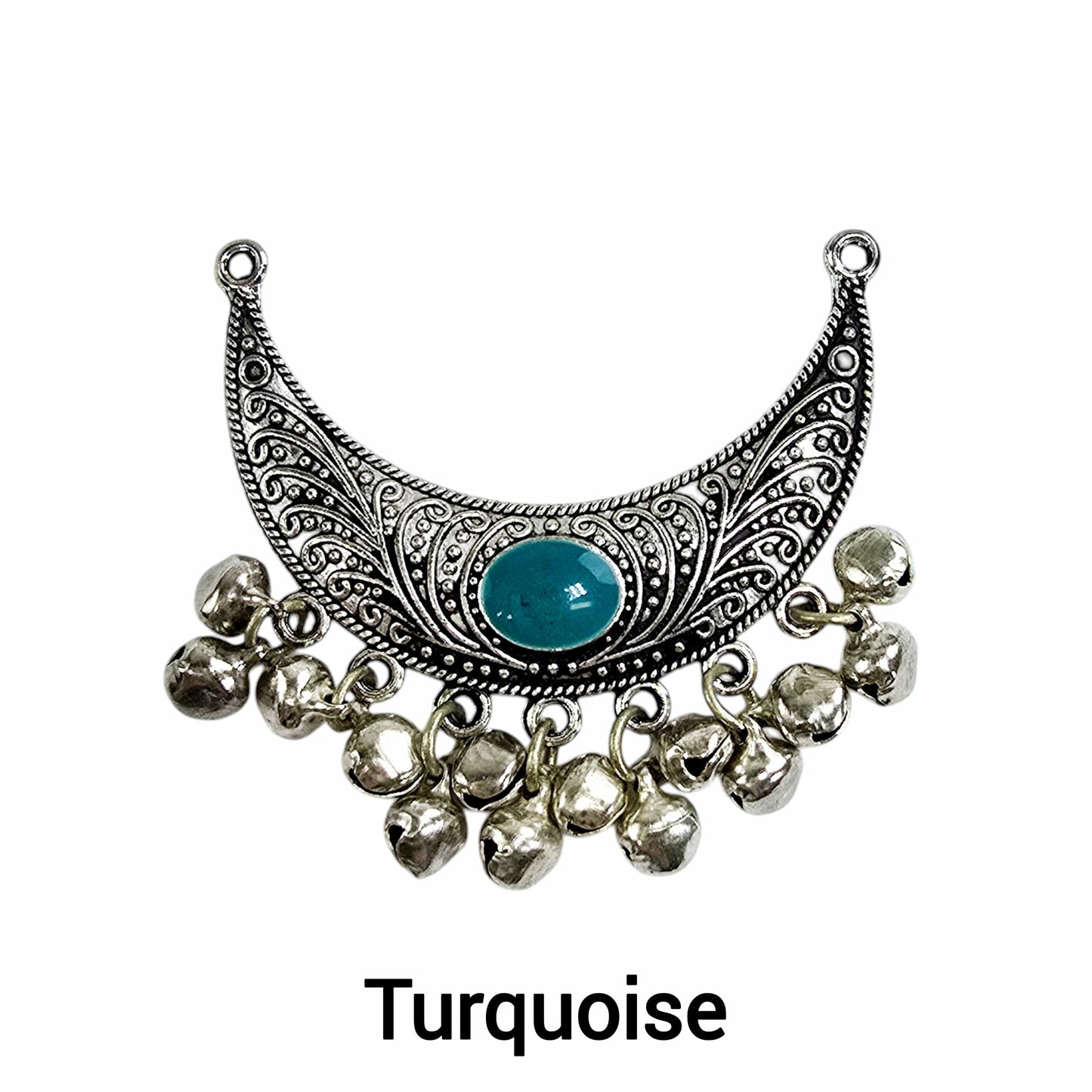 Crescent Silver Toned Double Bail Pendant with Enamel Accent and Jingle Bells - You Choose Color turquoise variant labeled