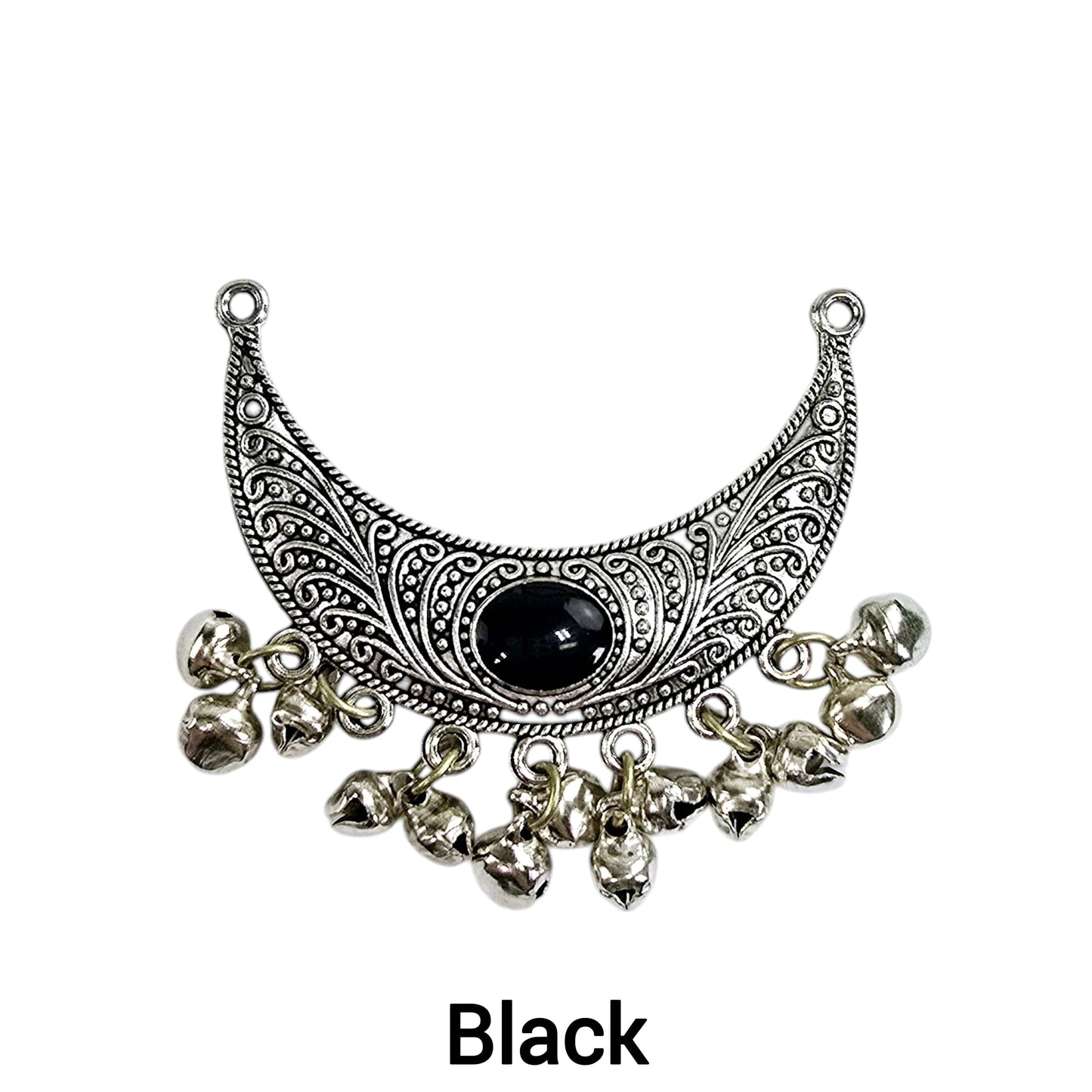 Crescent Silver Toned Double Bail Pendant with Enamel Accent and Jingle Bells - You Choose Color black variant labeled