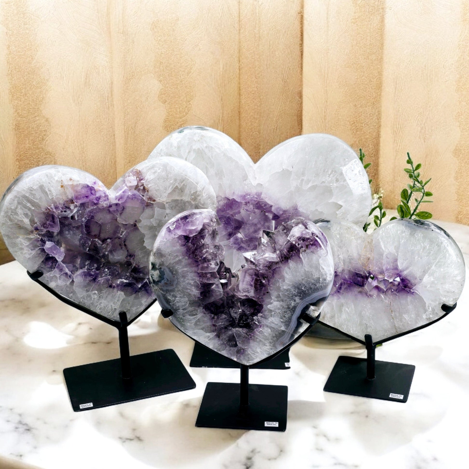 Amethyst Large Crystal Heart on Stand - You Choose #1 all variants on marble countertop with beige background