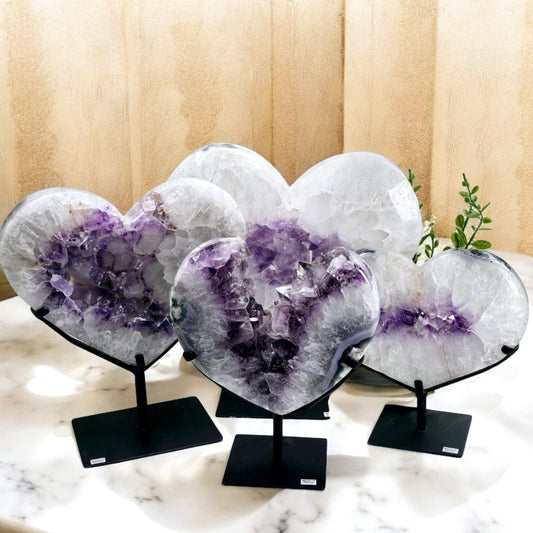 Amethyst Large Crystal Heart on Stand - You Choose #1 all variants on marble countertop with beige background