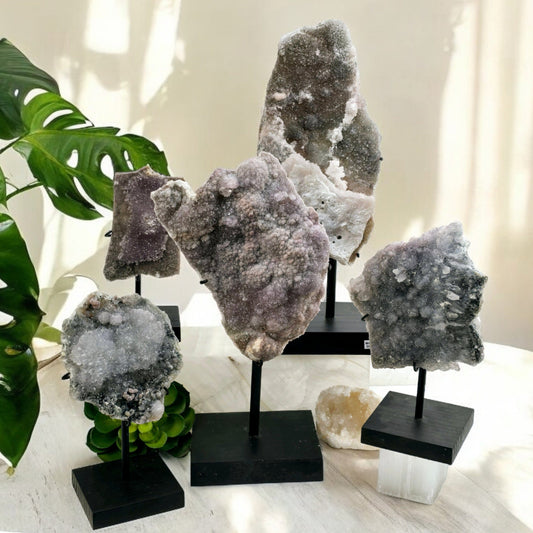 Amethyst Crystal Flower Cluster on Wooden Stand - You Choose #1 all variants with props and plants in the background