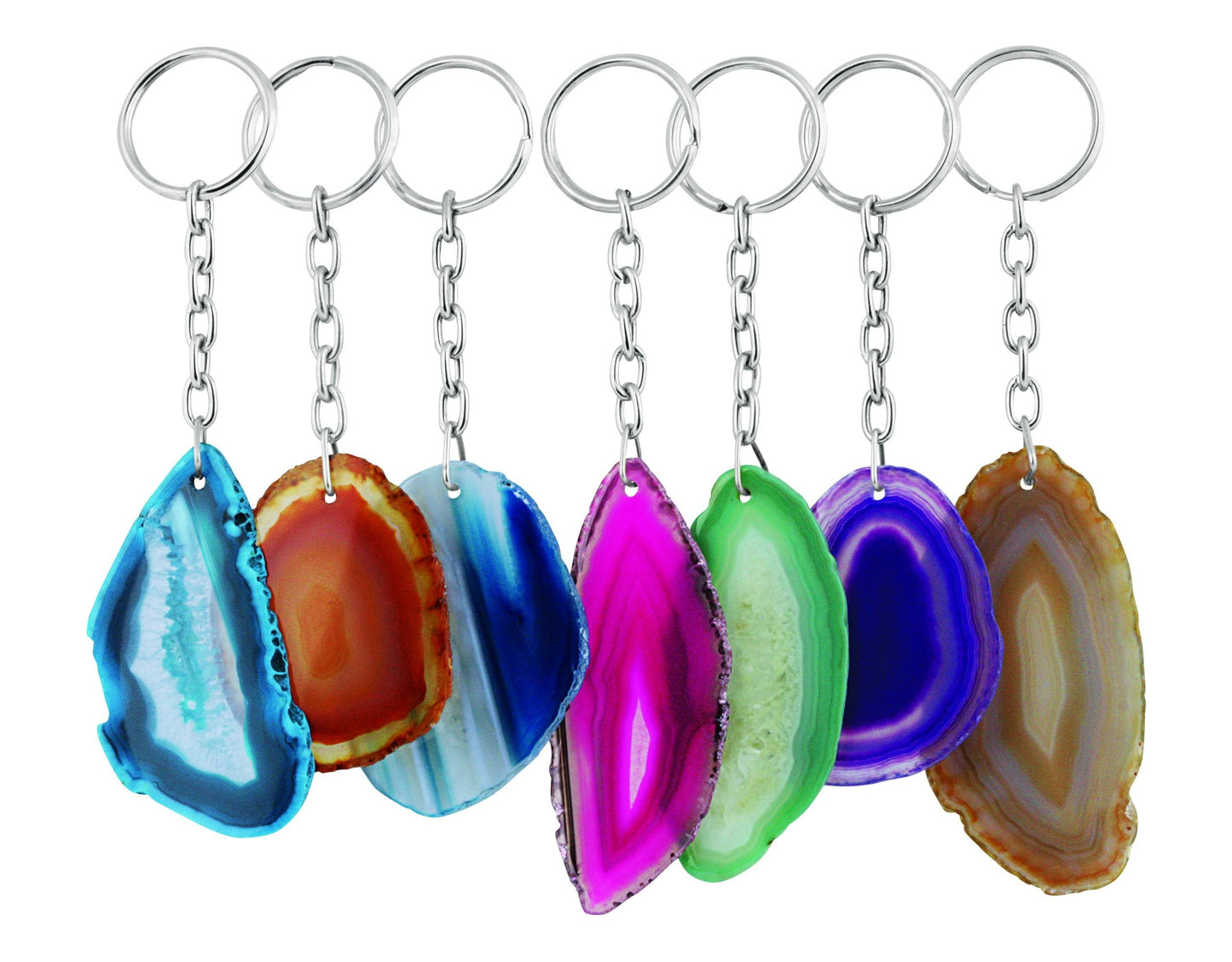 Seven agate keychains displayed with a white background.