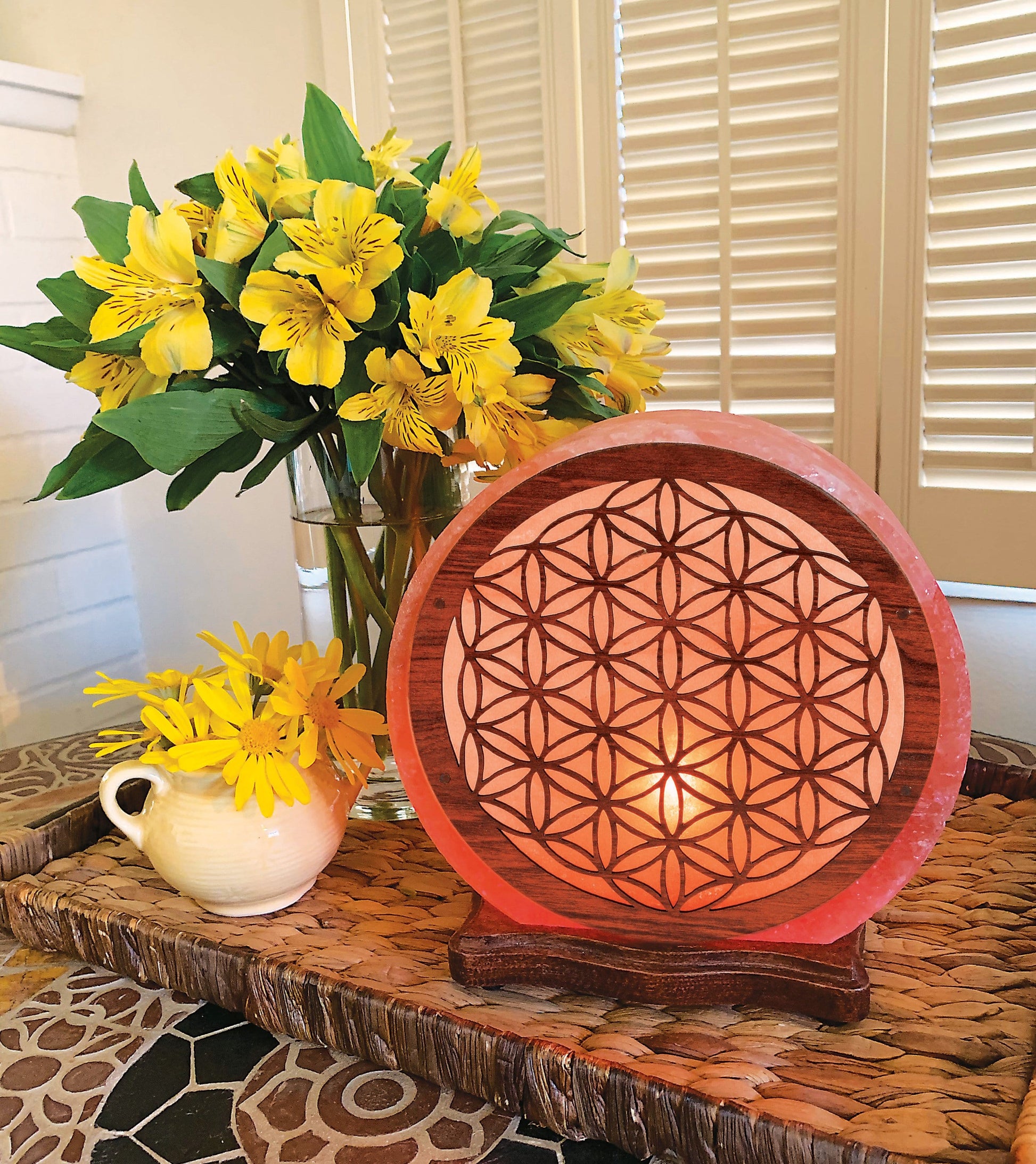 Himalayan Salt Lamp flower of life design\, lit and on display