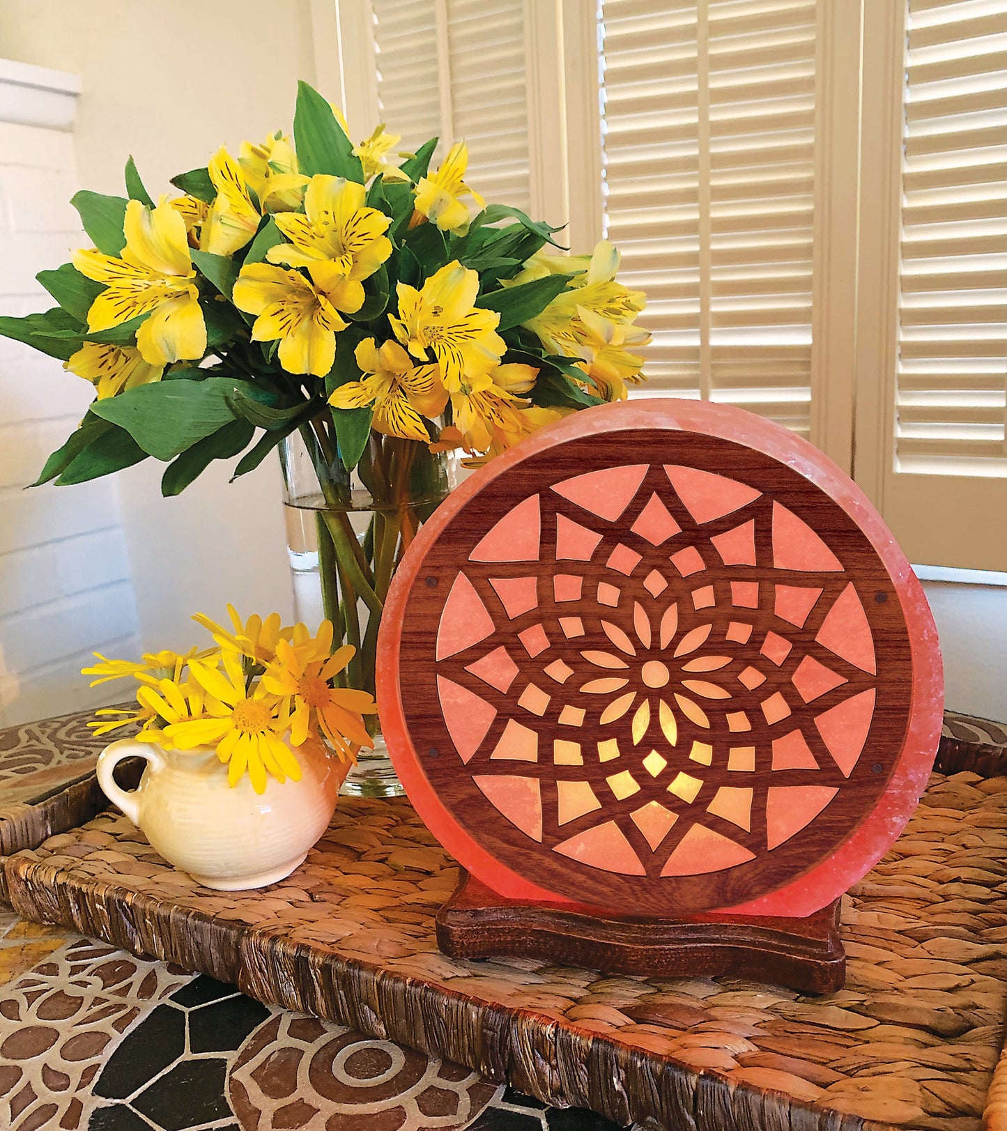 Himalayan Salt Lamp star design, lit and on display