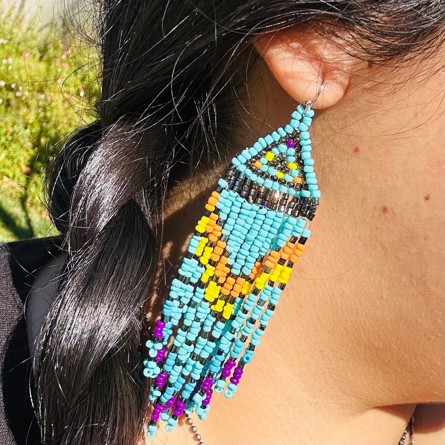 Seed Bead Earrings - Small Triangle Long Fringe Pattern - You Choose Style - style D worn on ear for size reference