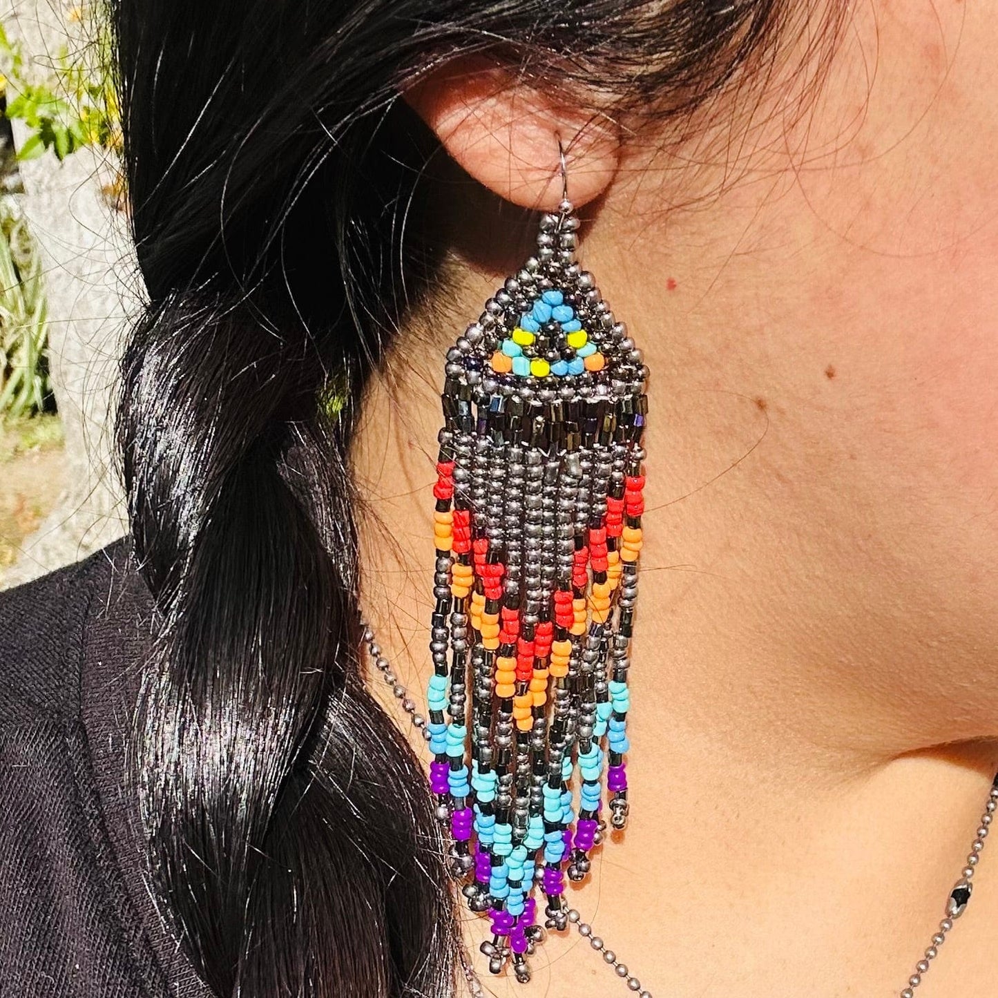 Seed Bead Earrings - Small Triangle Long Fringe Pattern - You Choose Style - style C worn on ear for size reference