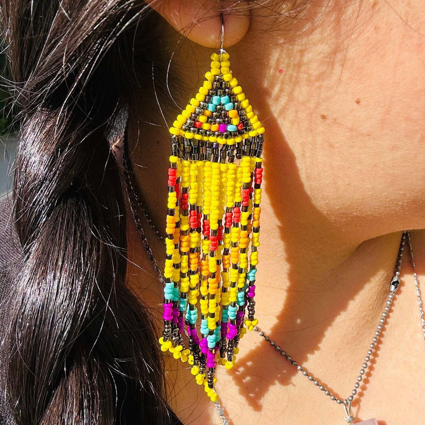 Seed Bead Earrings - Small Triangle Long Fringe Pattern - You Choose Style - style A worn on ear for size reference