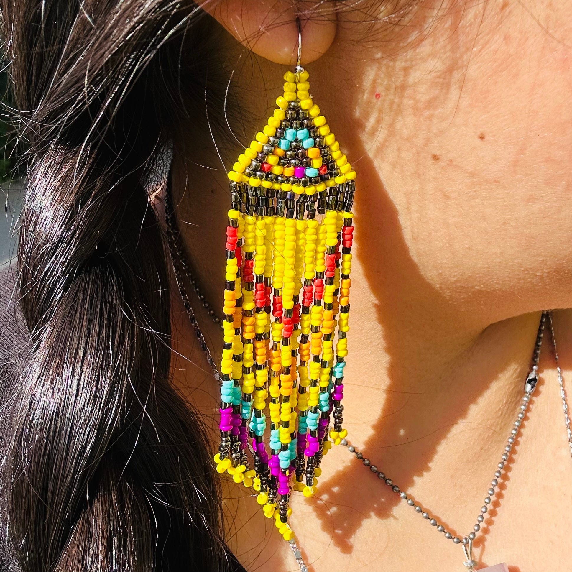 Seed Bead Earrings - Small Triangle Long Fringe Pattern - You Choose Style - style A worn on ear for size reference