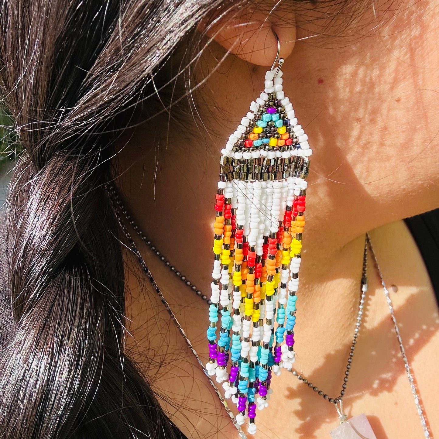 Seed Bead Earrings - Small Triangle Long Fringe Pattern - You Choose Style - style B worn on ear for size reference
