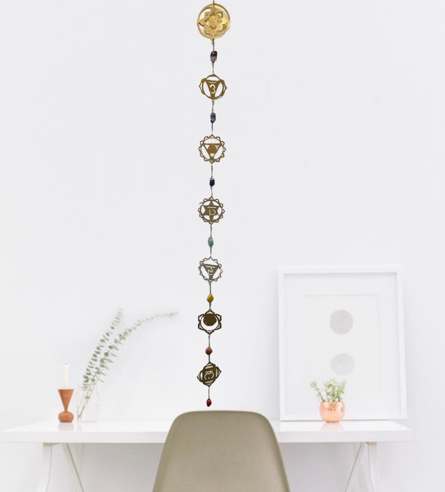 7 Chakras Gold Metal Wall Hanger with Tumbled Chakra Stones