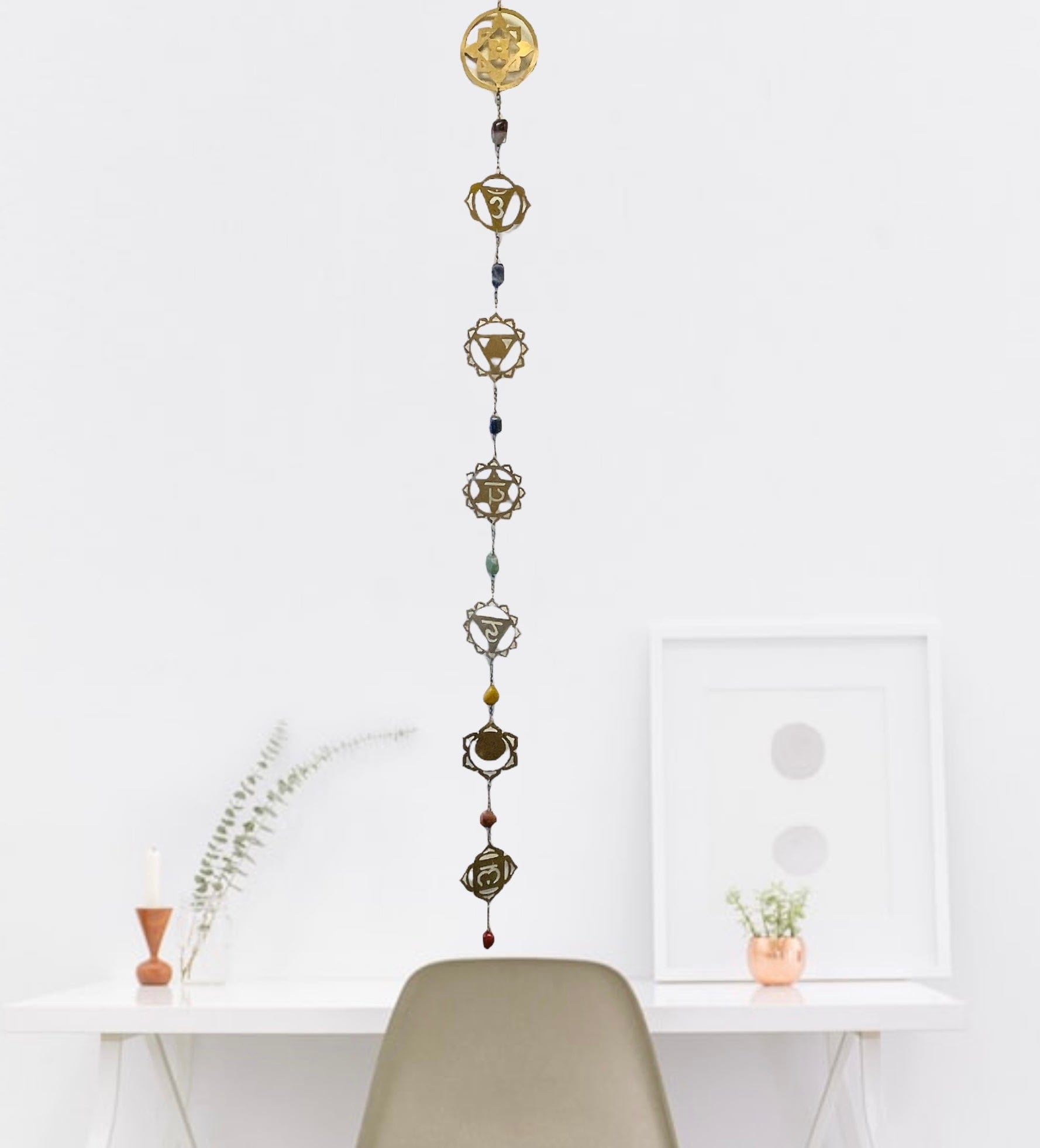 7 Chakras Gold Metal Wall Hanger with Tumbled Chakra Stones