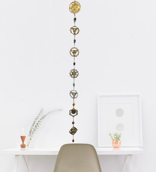 7 Chakras Gold Metal Wall Hanger with Tumbled Chakra Stones