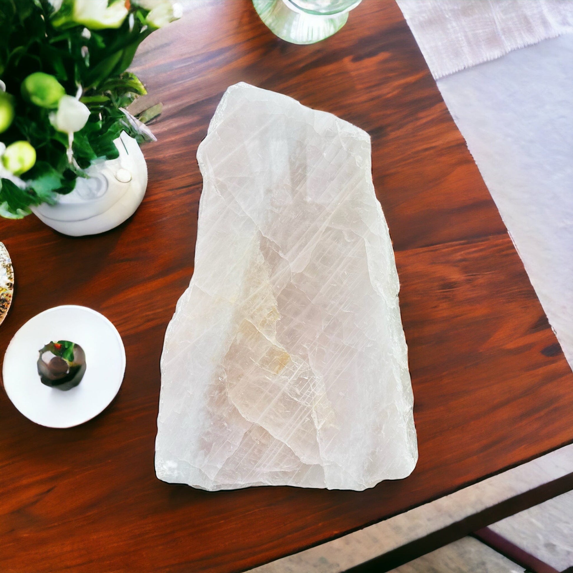 large rose quartz platters weigh between 6-12 pounds!