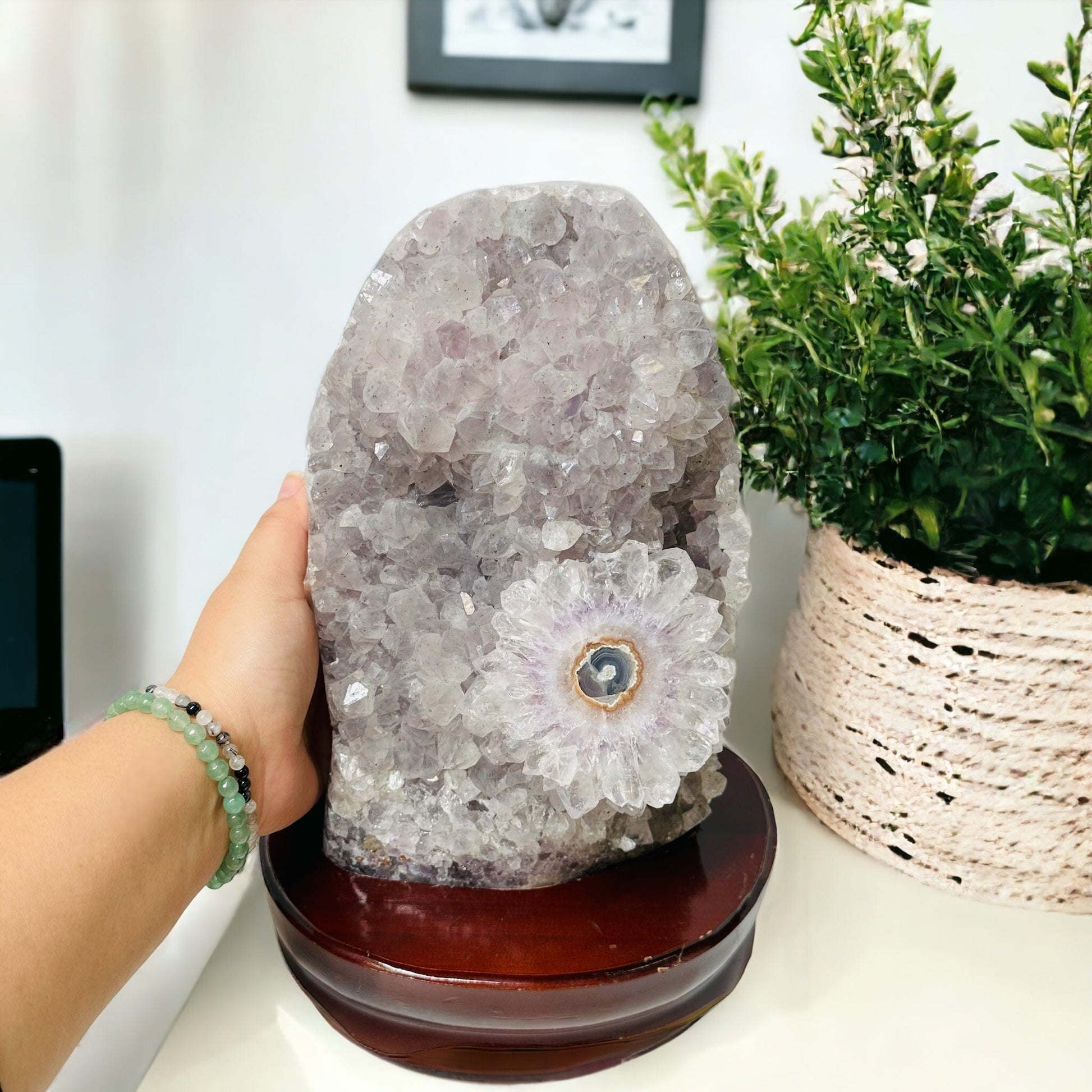 Amethyst Crystal Cluster on Wooden Base - Stalactite Flower  next to hand for size reference 