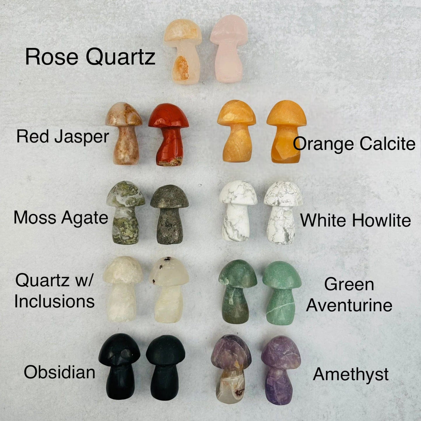 multiple gemstone mushrooms displayed next to their crystal name 