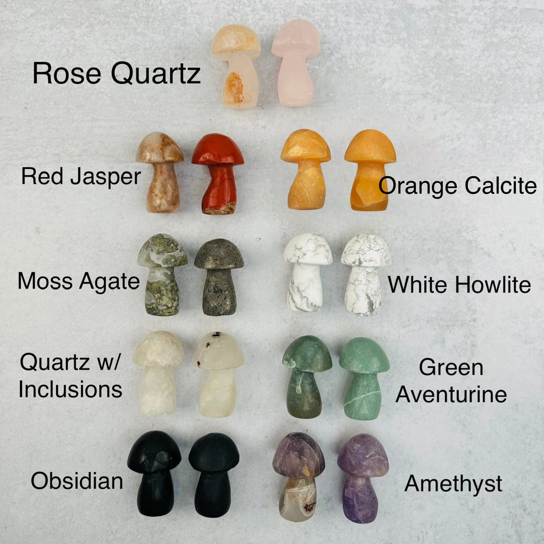 multiple gemstone mushrooms displayed next to their crystal name 