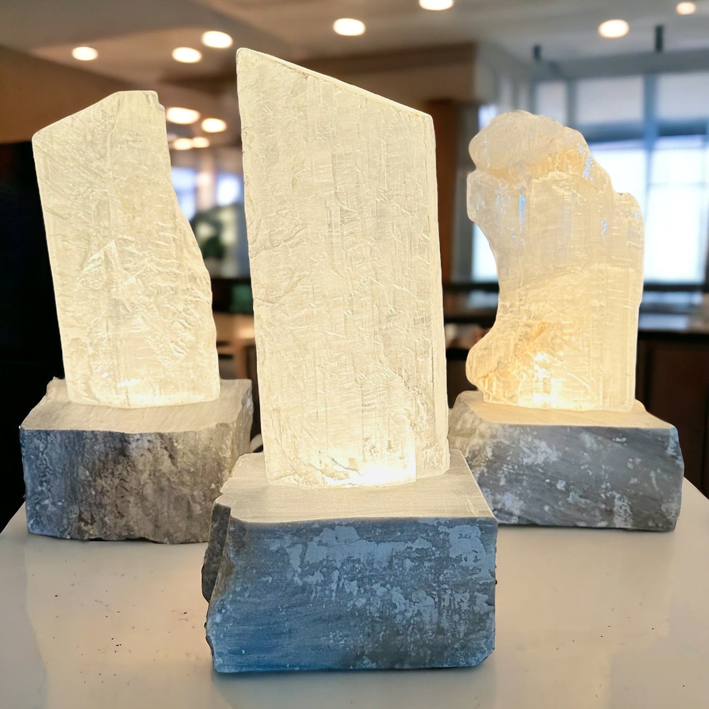 Selenite Lamp with Gray Onyx base - Crystal Decor - You Choose