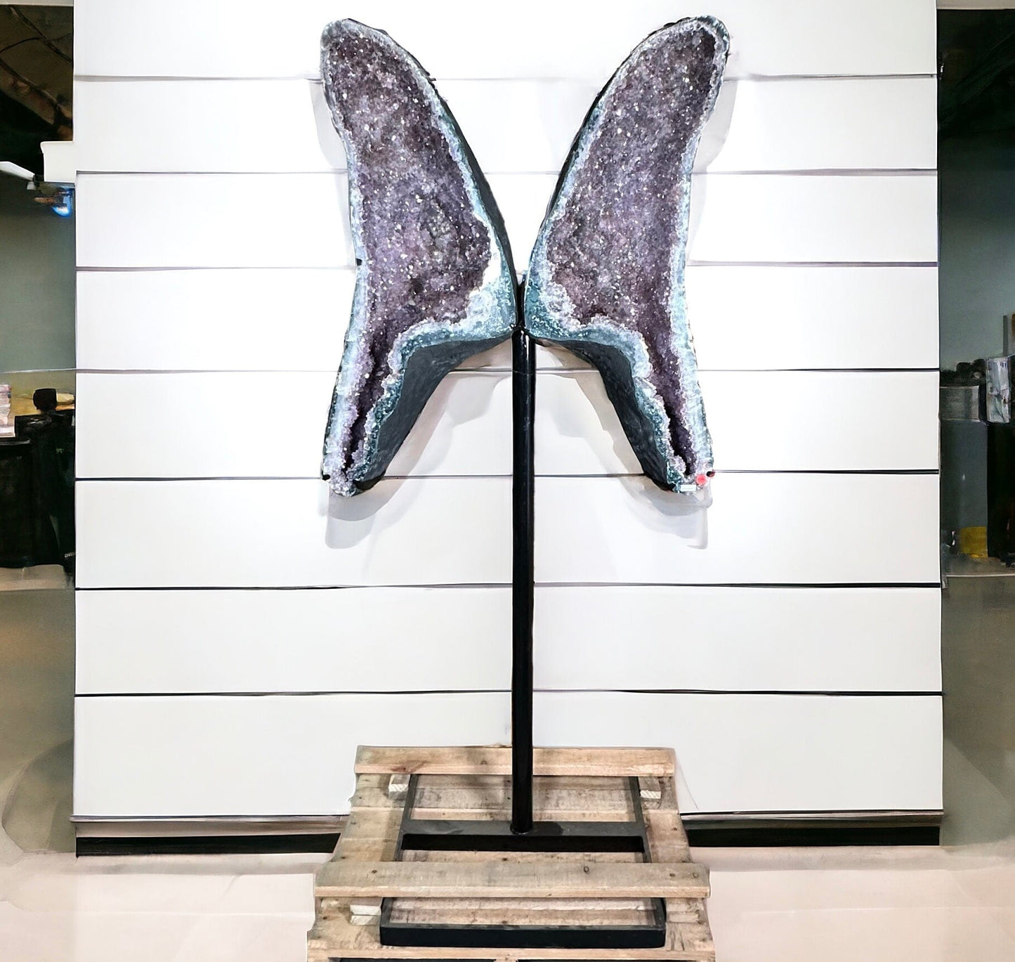 Amethyst Wings on Black Metal Stand displayed as home decor 