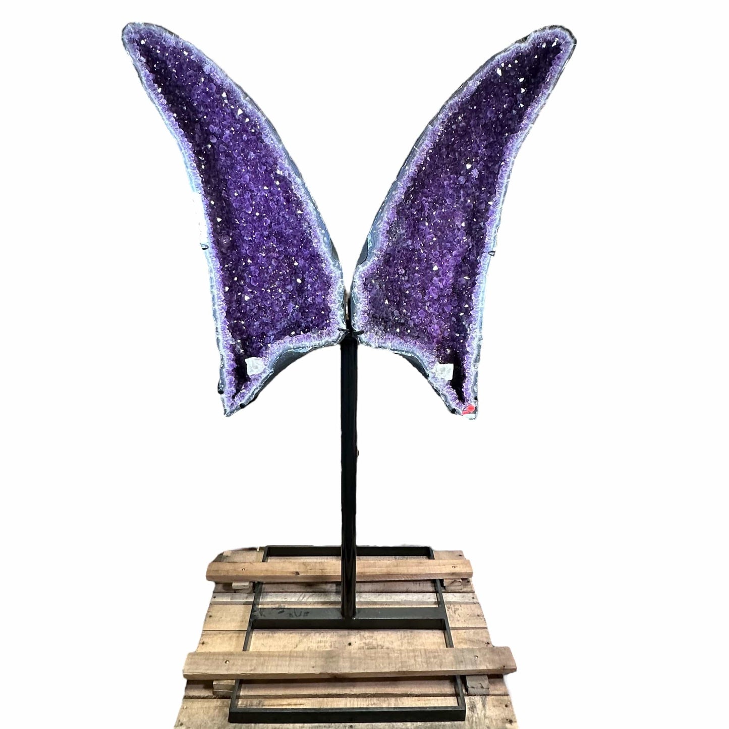 amethyst druzy wings on custom metal stand