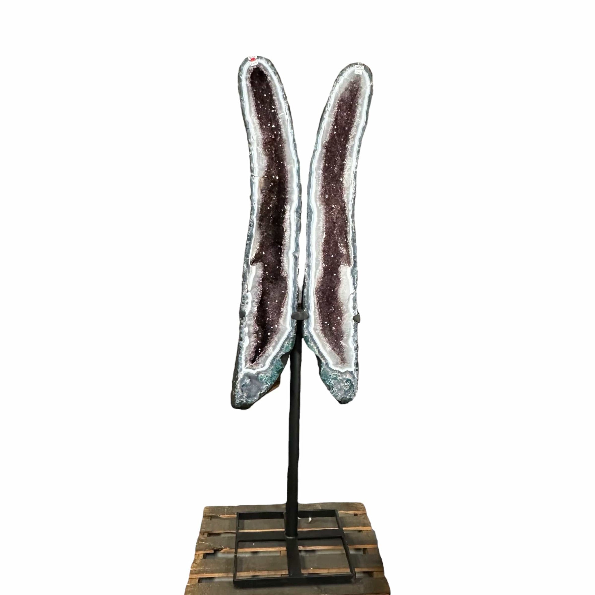Tall Amethyst Geode with Agate banding on Metal Stand - Crystal Home Decor -