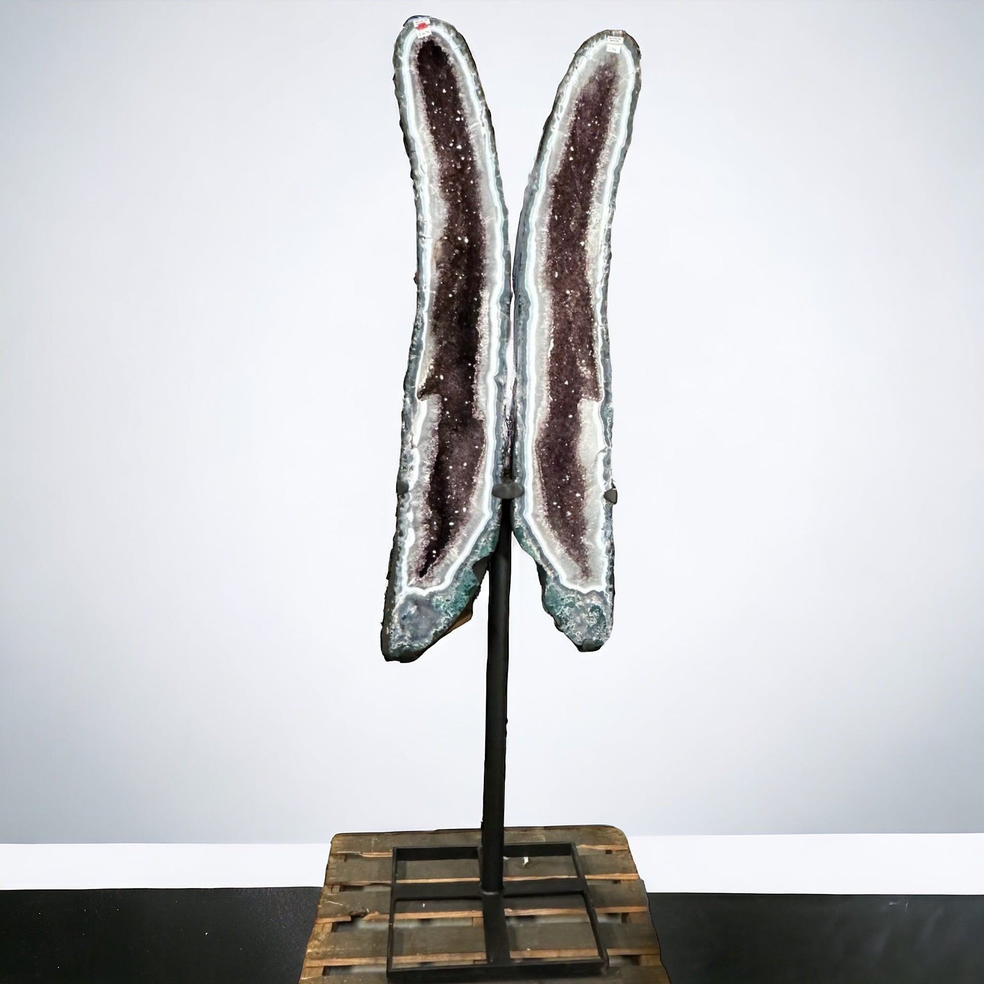Tall Amethyst Geode with Agate banding on Metal Stand - Crystal Home Decor - displayed as home decor 