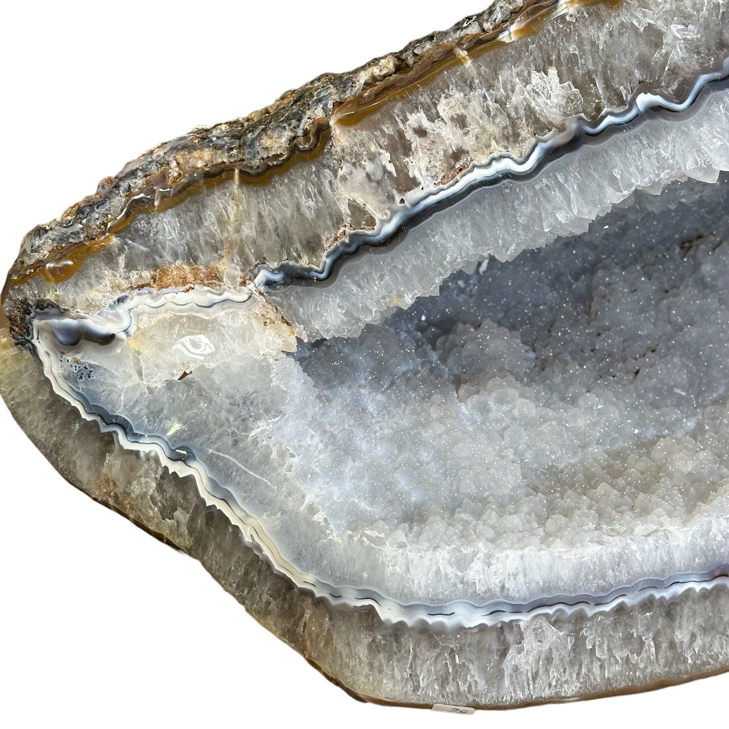 close up of the agate banding and druzy sparkle 