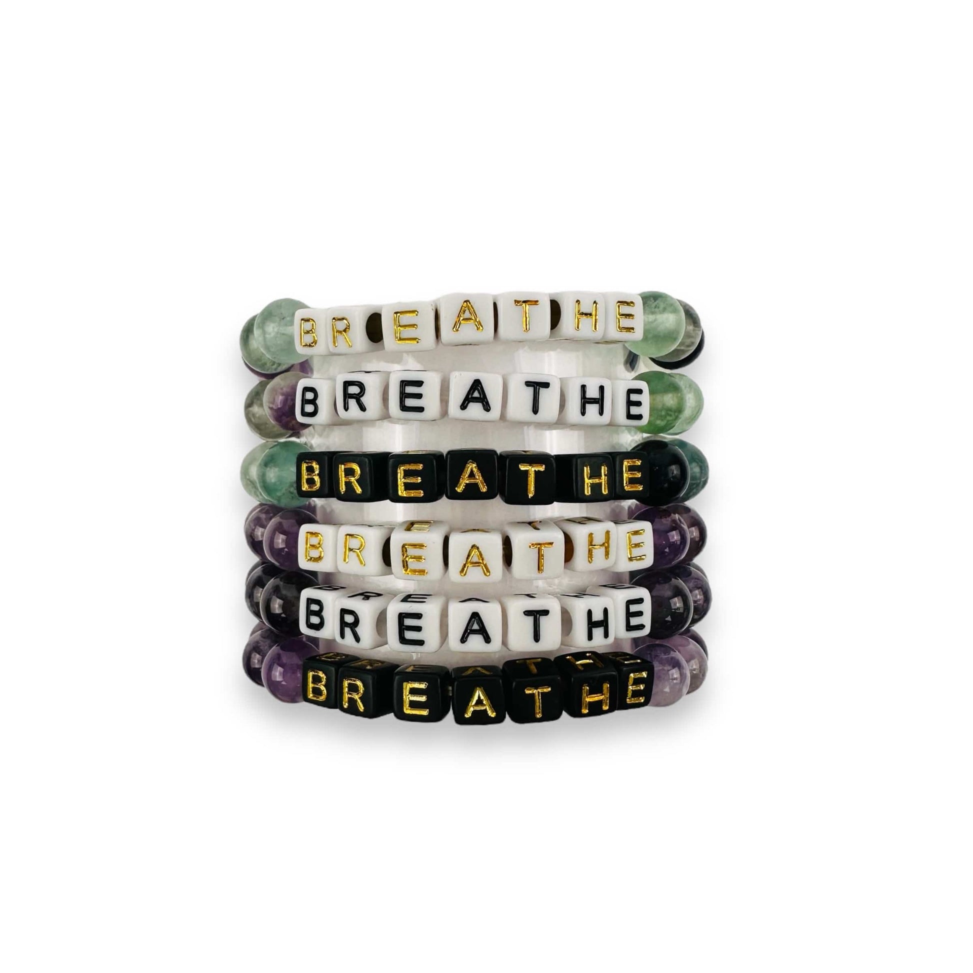 Crystal Mala Bead Bracelet - BREATHE  -  Letter Beads Bracelet shown in all the options available