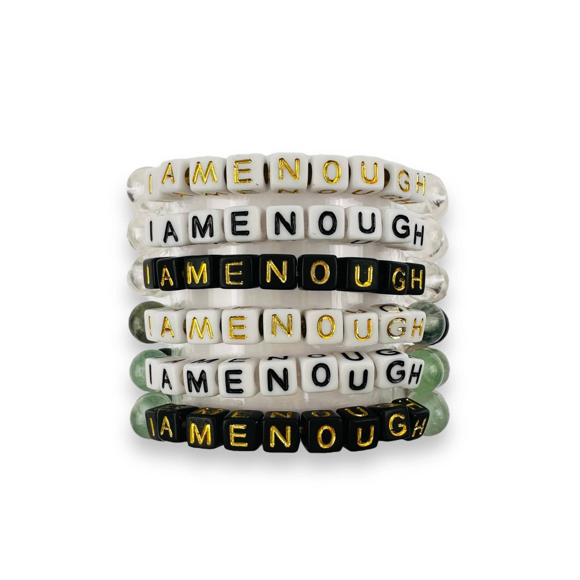 I am enough word bracelets stacked to show all the variations available
