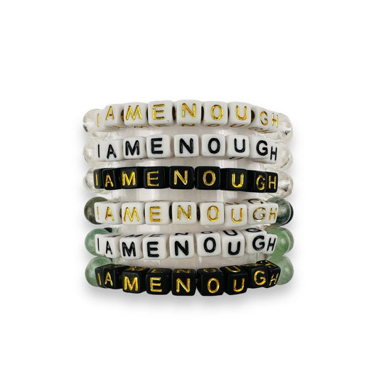 I am enough word bracelets stacked to show all the variations available