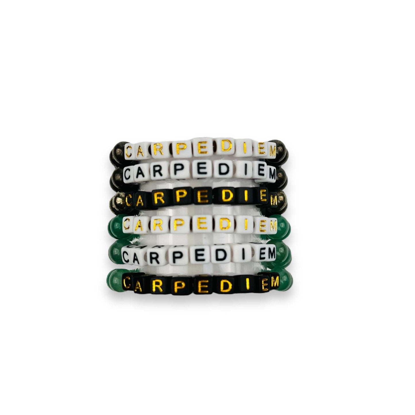 Assorted Crystal Mala Bead Bracelet - CARPE DIEM -  Letter Beads in white and black with gold and black print