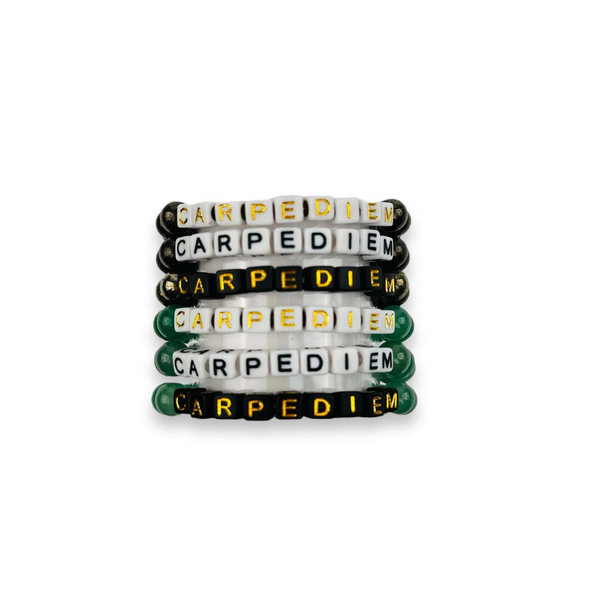 Assorted Crystal Mala Bead Bracelet - CARPE DIEM -  Letter Beads in white and black with gold and black print