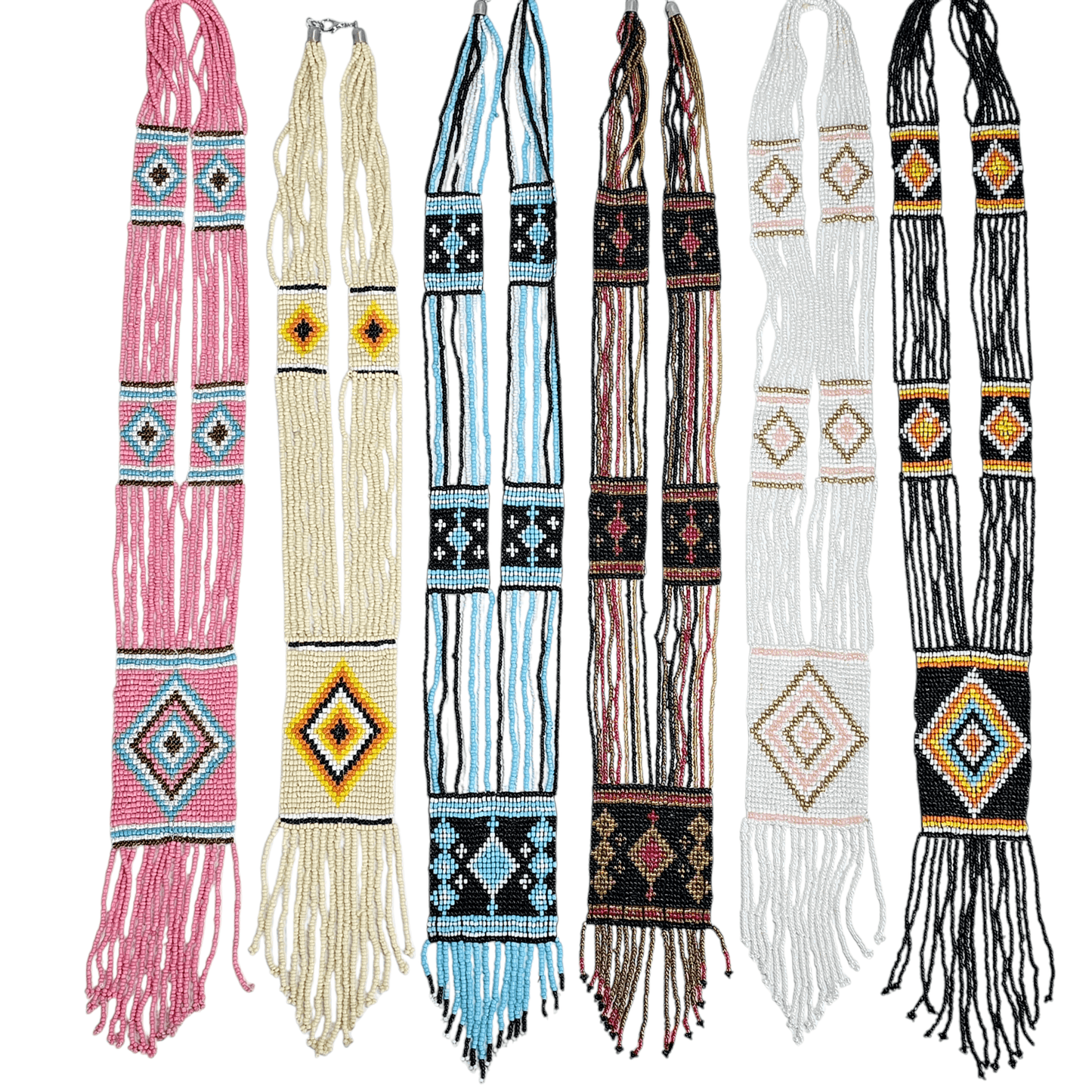 Seed Bead Necklace - Multi Strand with Woven Diamond Shapes on Rectangular Panels - You Choose Style - all variants lying flat top view on white background