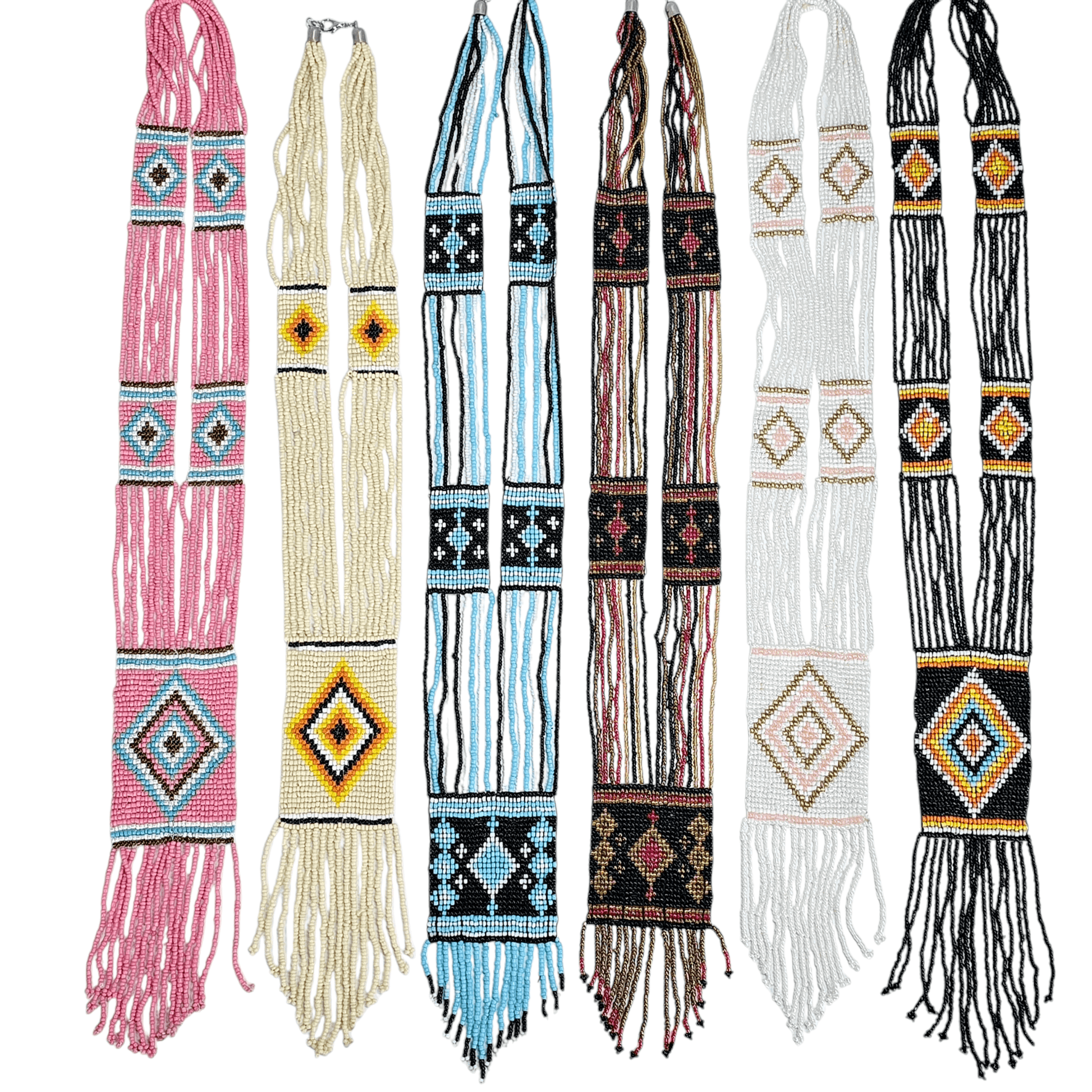 Seed Bead Necklace - Multi Strand with Woven Diamond Shapes on Rectangular Panels - You Choose Style - all variants lying flat top view on white background