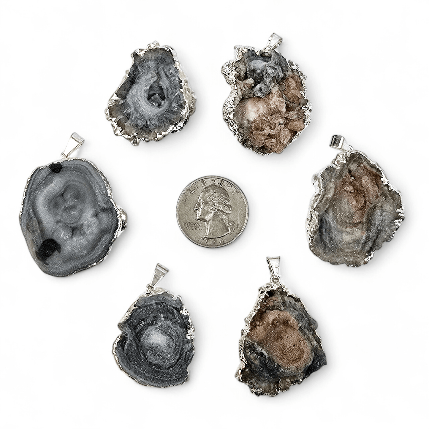 Chalcedony Galaxy Druzy Pendant with Silver Plated Edge and Bail six with quarter for size reference